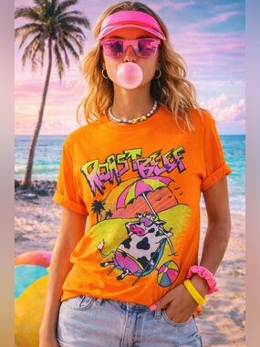 Stranger Things Roast Beef Graphic Tee Orange Neon Cow Beach Shirt Size S